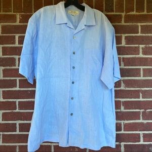 100% Linen Fonte Men Light Blue Large Button Front Short Sleeves Shirt